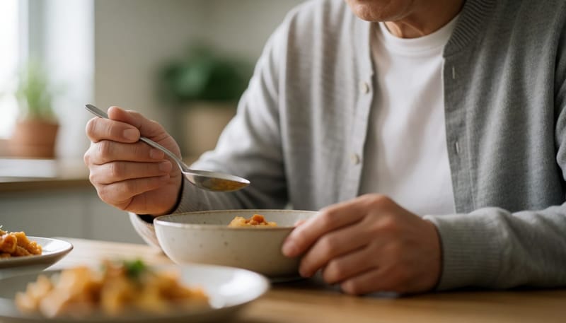 식사 중 숟가락을 놓칠 뻔하며 손에 힘이 빠진 남성