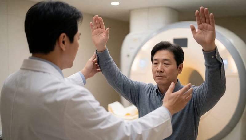 진료실에서 신경학적 검사를 진행하는 의사와 환자