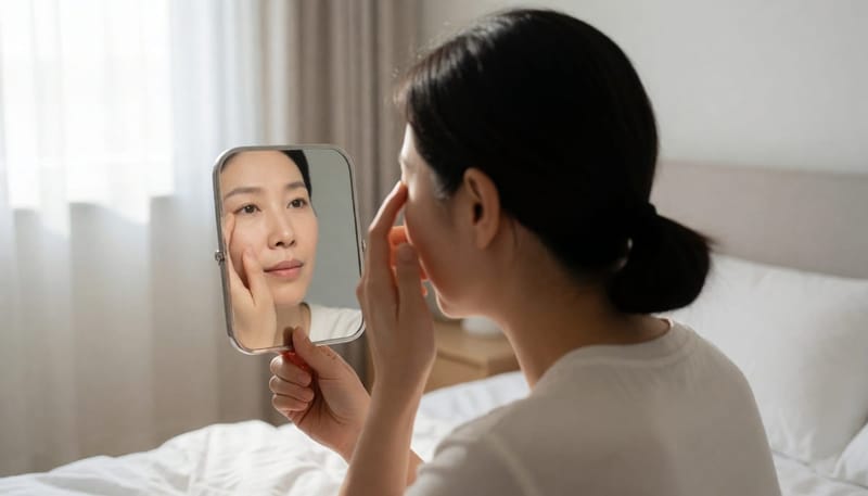 아침에 거울을 보며 다래끼 부위를 살펴보는 여성