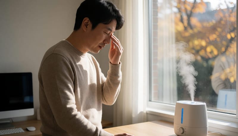 건조한 사무실 창가에서 눈을 비비는 남성과 가습기