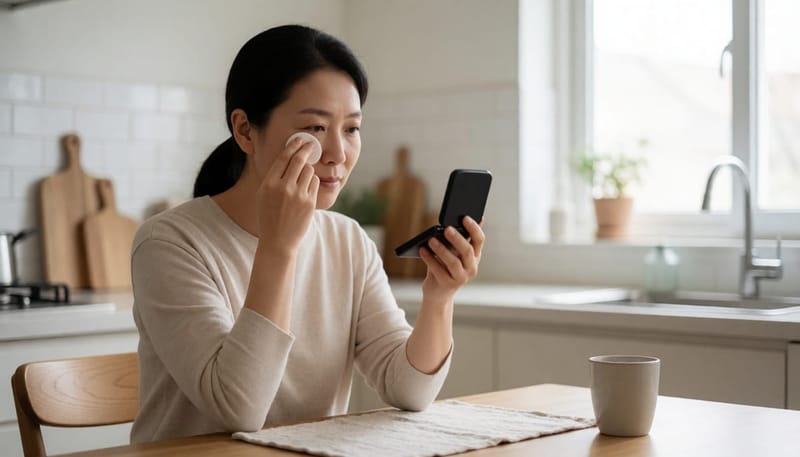 식탁에서 눈 주변을 살피며 자가관리를 하는 여성