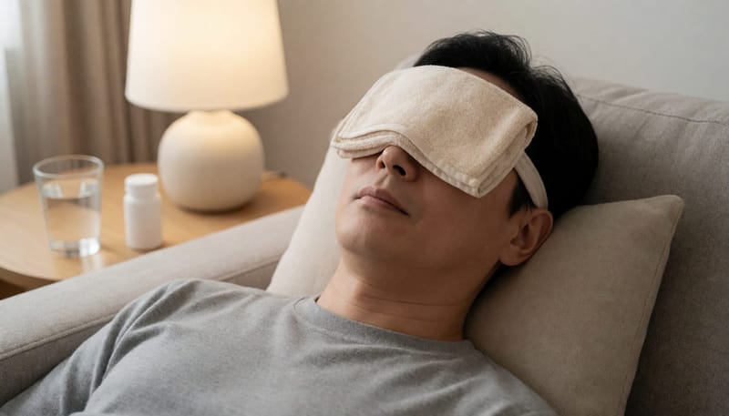 소파에서 온찜질을 하며 약을 준비해둔 남성
