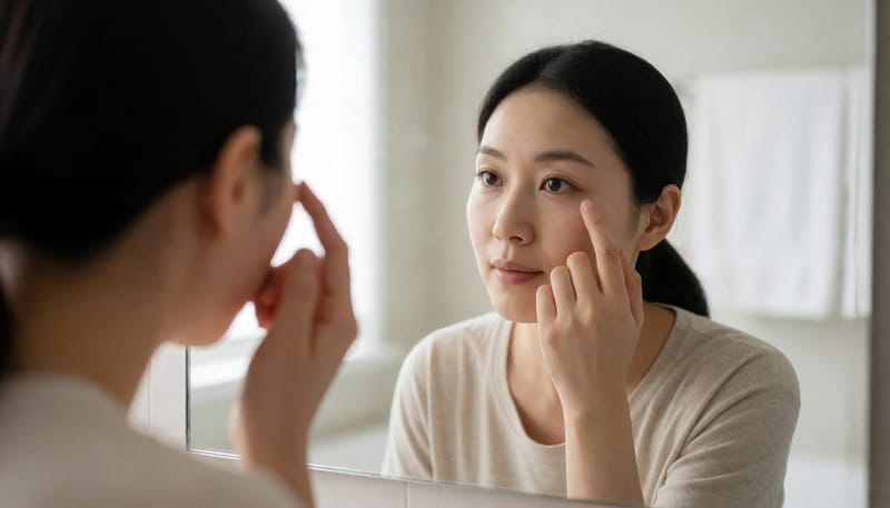 거울 앞에서 부은 눈꺼풀을 손끝으로 살펴보는 여성