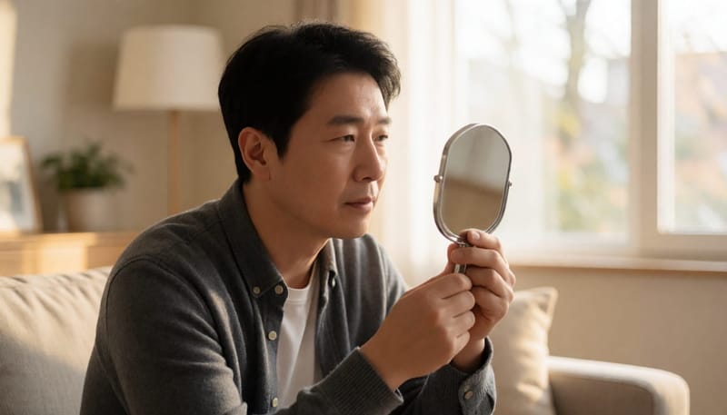 같은 자리를 손거울로 다시 살펴보는 남성