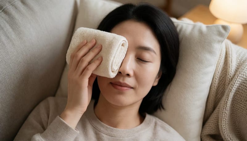 소파에 누워 온찜질을 하는 여성