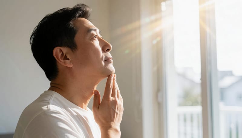 목 앞쪽 갑상선 부위를 손으로 짚어보는 남성의 옆모습 클로즈업