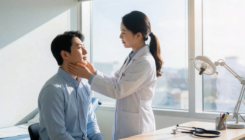 진료실에서 의사가 환자의 목 부위를 촉진하며 진찰하는 장면