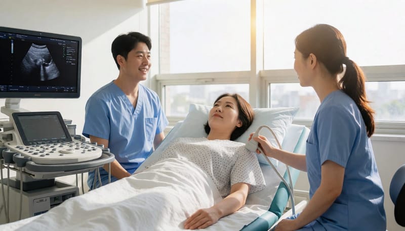 병원에서 갑상선 초음파 검사를 받는 환자의 모습