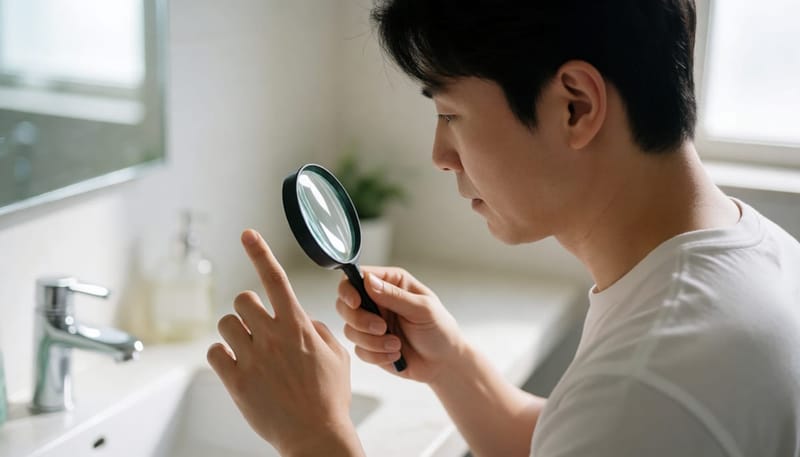 손톱 손상 부위가 붓고 붉어지며 염증 징후가 겹친 모습을 확인하는 남성