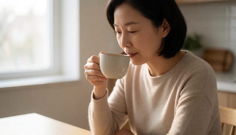 커피 향을 맡으려 애쓰지만 잘 느끼지 못해 갸우뚱한 표정의 여성