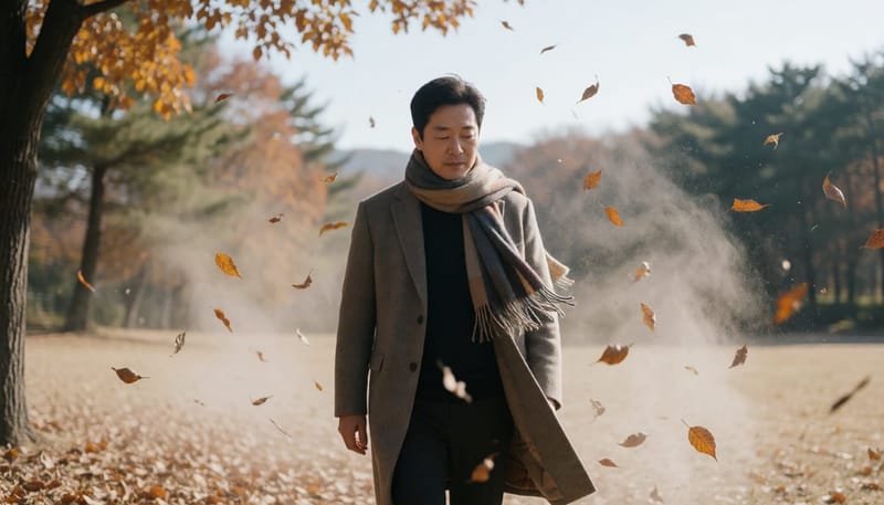 건조하고 찬 바람 속을 걷는 남성의 모습으로 표현한 환절기 공기