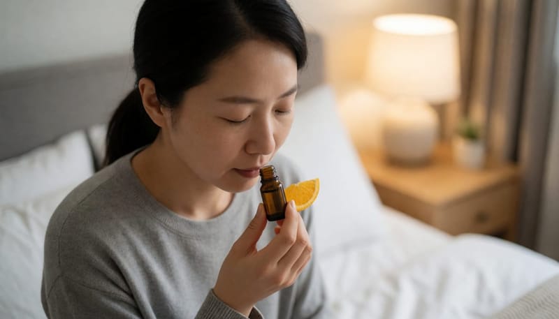 오렌지 향을 맡으며 후각을 스스로 점검해보는 여성의 모습