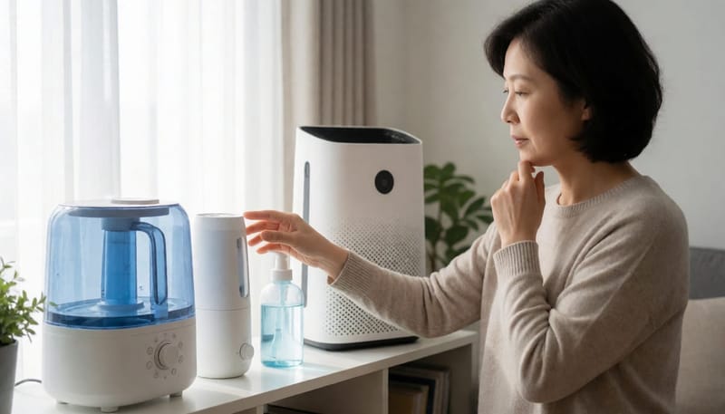가습기, 코세척액, 공기청정기 중 무엇을 먼저 쓸지 고민하는 여성