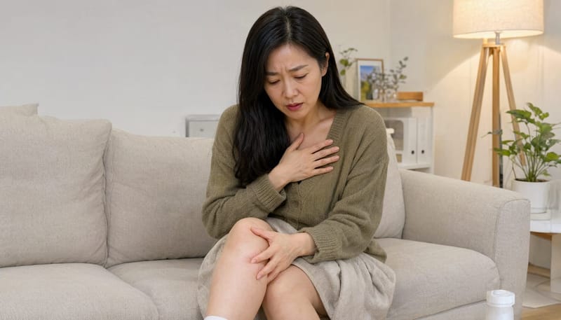가슴을 움켜쥐고 부은 다리를 만지며 고통스러워하는 40대 여성