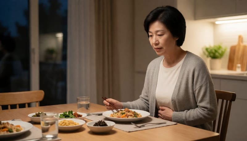 식사 후 옆구리를 감싸쥔 여성