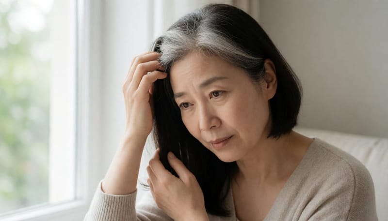 거울 앞에서 새치를 발견하고 걱정스러운 표정을 짓는 30대 여성