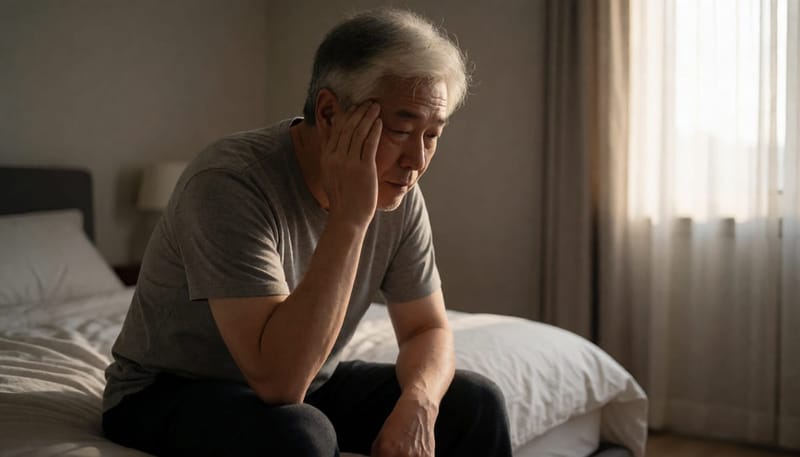 아침에 피로감을 느끼며 관자놀이의 흰머리를 만지는 40대 남성