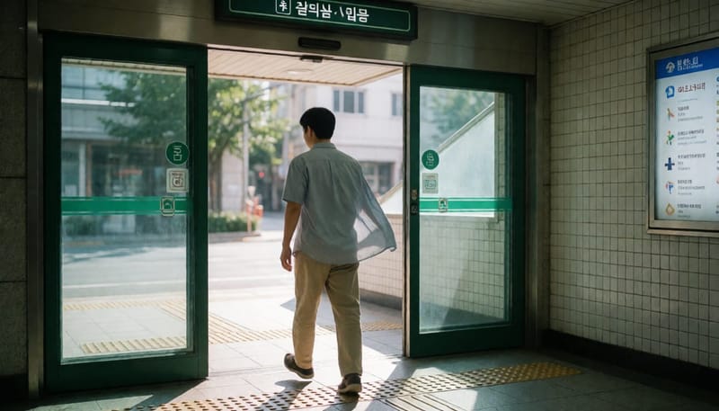 무더운 거리에서 실내로 들어서는 시민