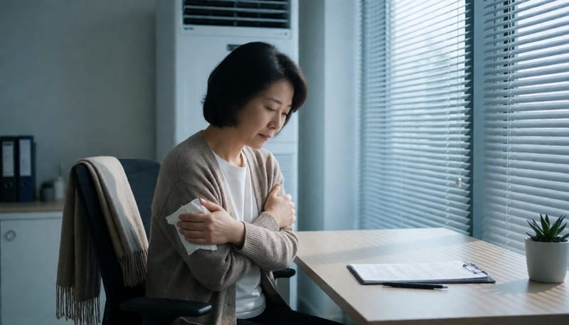 에어컨 바람 아래 한기를 느끼며 웅크린 여성
