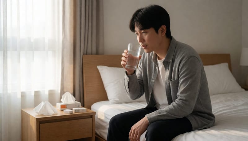 인후통으로 물을 마시며 쉬고 있는 남성