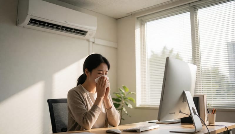 여름철 냉방기 아래 앉아 코를 훌쩍이는 직장인의 모습