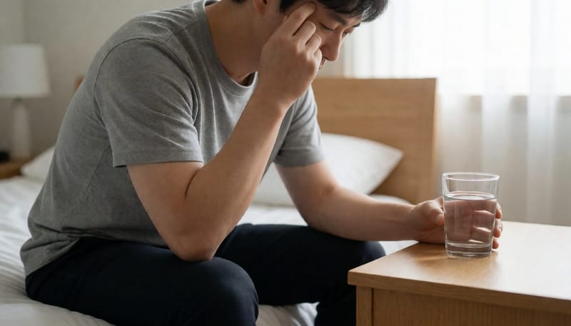 체온계로 열을 재며 몸 상태를 확인하는 남성의 모습