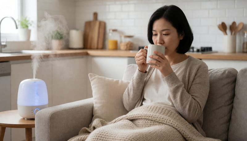 집에서 담요를 덮고 따뜻한 차를 마시며 휴식을 취하는 여성