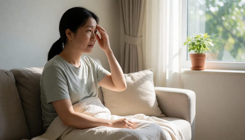 여름철 실내에서 이불을 덮고 어리둥절한 표정으로 이마를 짚는 여성