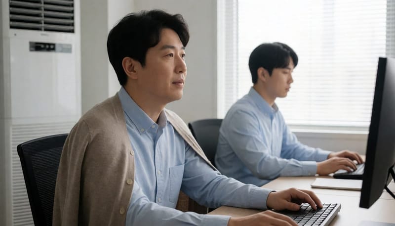 에어컨 앞에서 카디건을 걸치고 오한을 느끼는 직장인 남성, 뒤로 평범히 일하는 동료