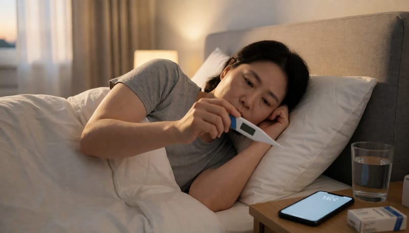 침대에 누워 체온계를 확인하며 심각한 표정을 짓는 여성