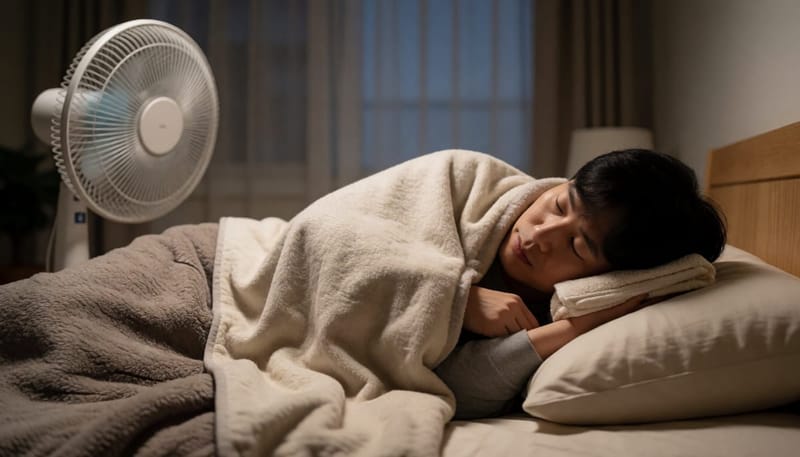 두꺼운 이불을 덮고 땀에 젖은 채 불편해하는 남성, 옆에 선풍기와 물수건