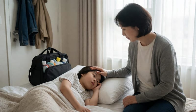 아픈 아이의 이마를 짚어보는 어머니, 문 옆에 병원에 갈 준비를 마친 가방