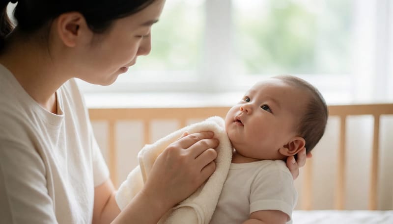 아기 목주름 닦아주는 엄마 손길