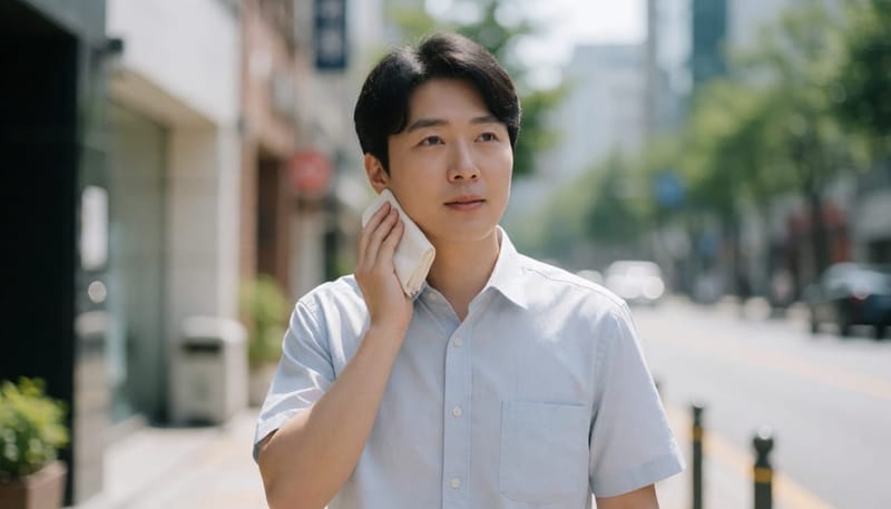 여름 거리에서 목 땀 닦는 직장인