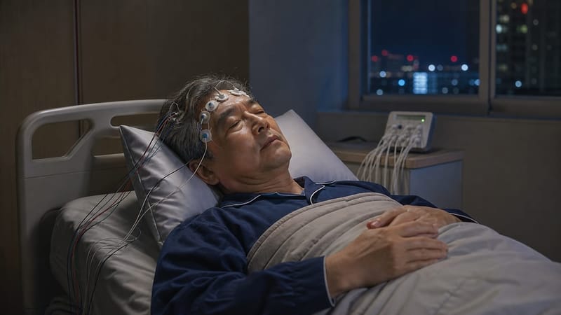 수면다원검사 중 뇌파 등 여러 신호를 기록하기 위해 센서를 부착한 모습