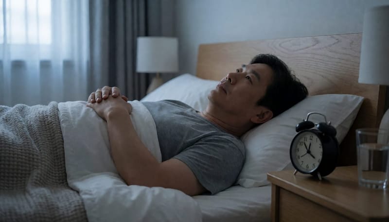 이른 새벽 잠들지 못하고 천장을 바라보는 남성의 모습