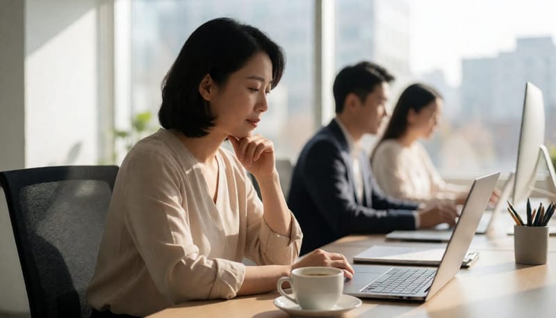 낮 동안 피로감을 느끼며 책상에서 졸음을 참는 여성