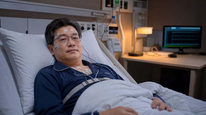 수면다원검사는 하룻밤 동안 뇌파와 호흡, 산소포화도 등을 함께 기록해 진행됩니다.