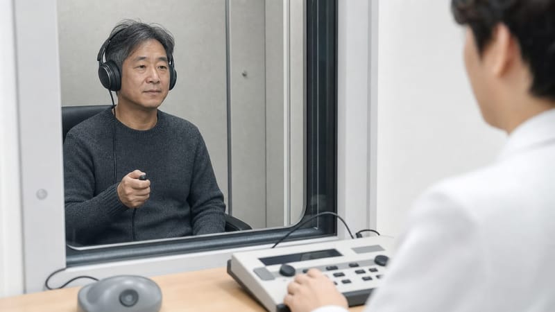 방음부스에서 헤드폰을 착용하고 순음청력검사를 받는 모습입니다.