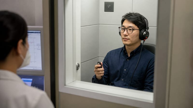 방음부스에서 진행되는 순음청력검사 모습