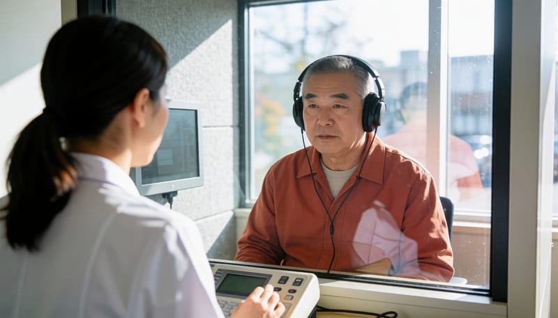 순음청력검사는 부스 안에서 헤드폰을 착용한 채 주파수별 청력 역치를 측정합니다.