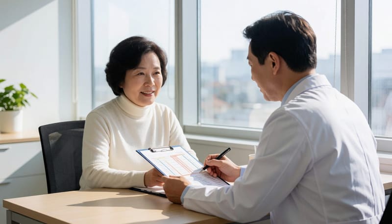청력검사 결과를 상담받는 중년 환자