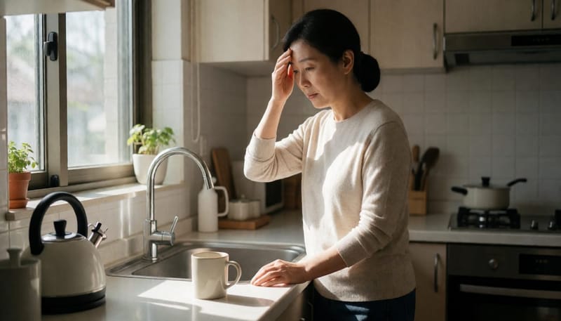 주방에 서서 잠시 어지러움을 느끼며 이마를 짚는 중년 여성