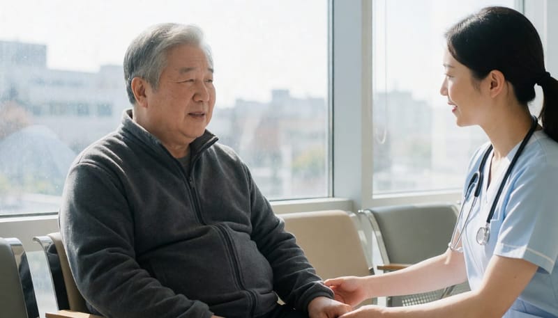 어지럼증으로 진료를 기다리는 모습. 두통이나 보행 불안정이 함께 나타나면 빠른 진료가 필요합니다.