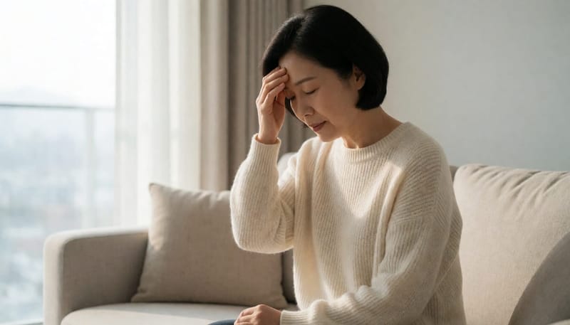 갑작스러운 어지럼증으로 잠시 앉아 쉬고 있는 모습