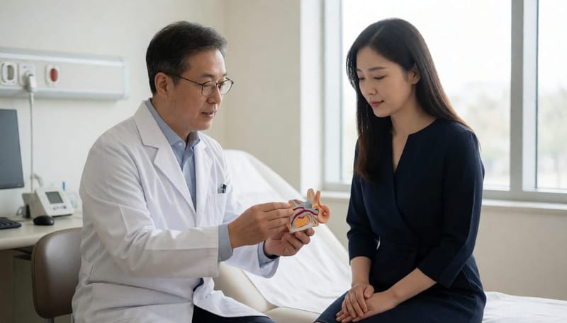 이비인후과 진료실에서 귀 모형으로 어지럼증 원인을 설명하는 모습