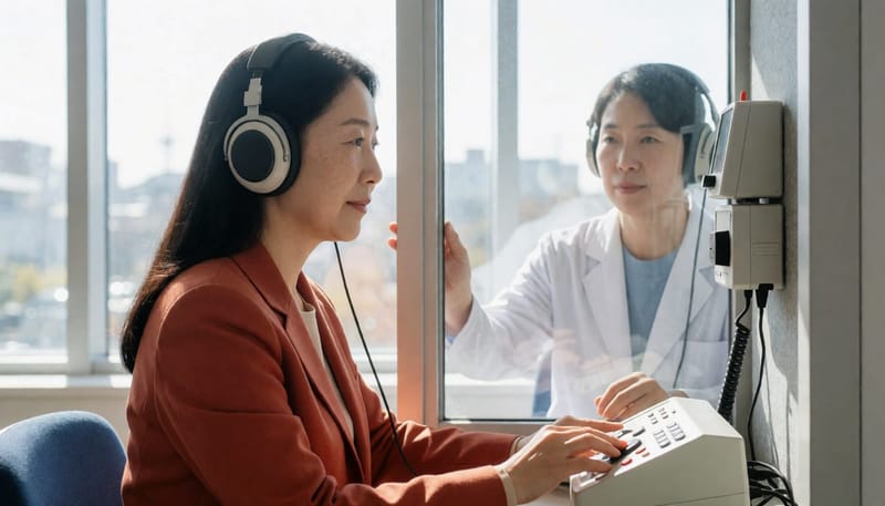 순음청력검사는 방음부스 안에서 주파수별 소리를 들려주며 역치를 측정합니다.