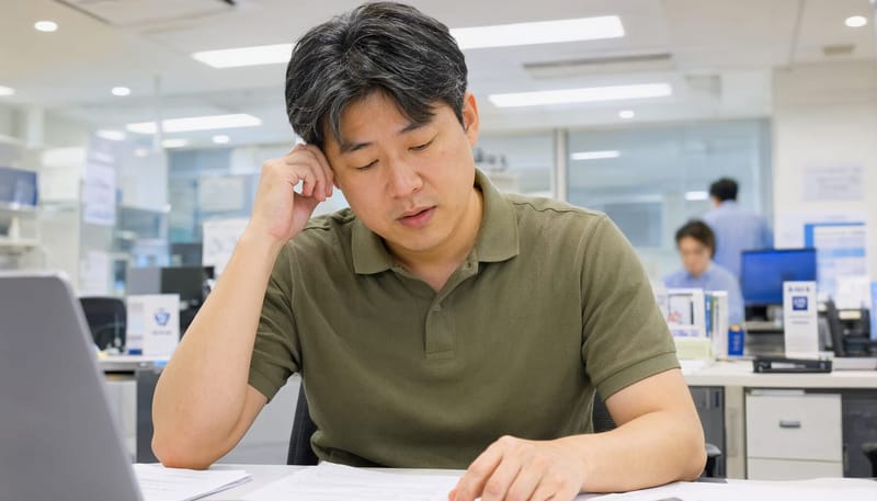 회의 중 고개를 숙였다가 들어 올리는 순간 어지럼을 느끼는 모습