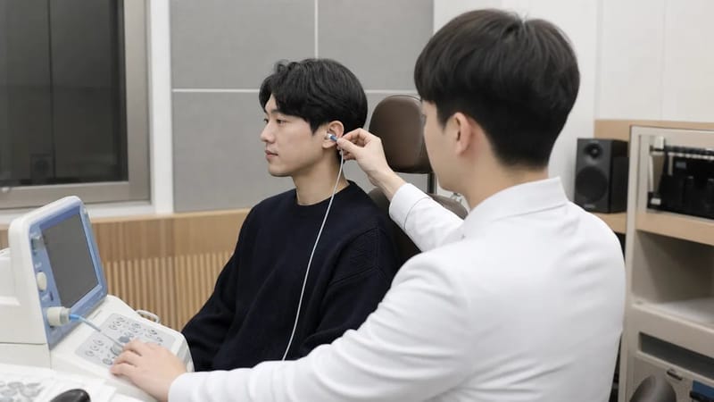 고막운동성검사(고실측정)로 중이 상태를 확인하는 모습