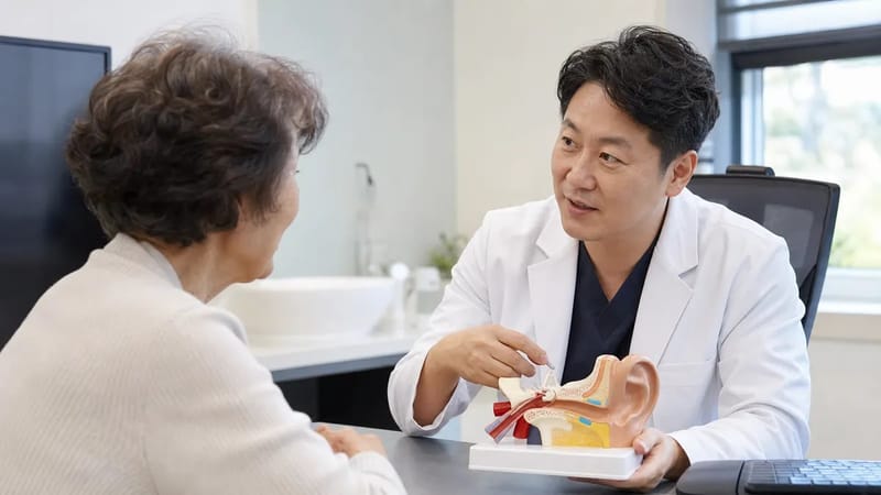 청력 변화로 진료 상담을 받는 고령 환자의 모습